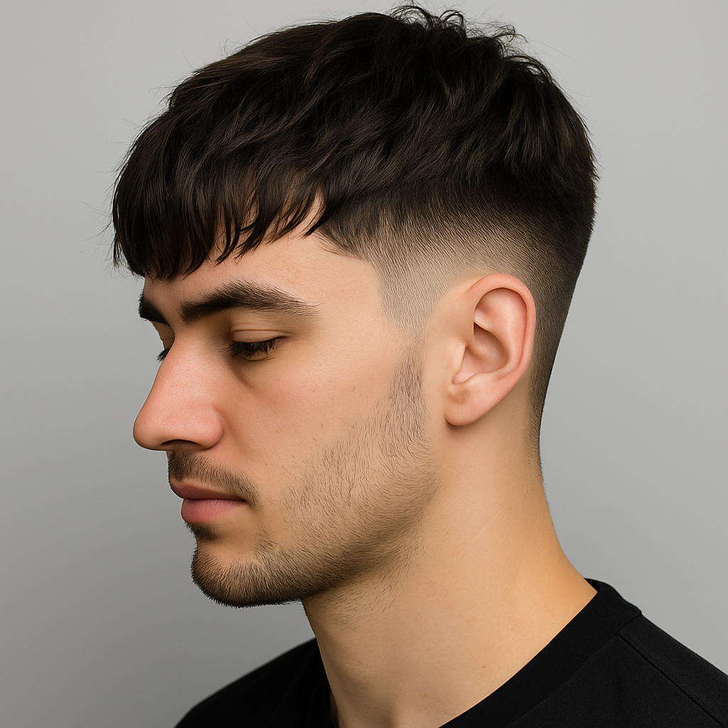 low taper fade with textured fringe