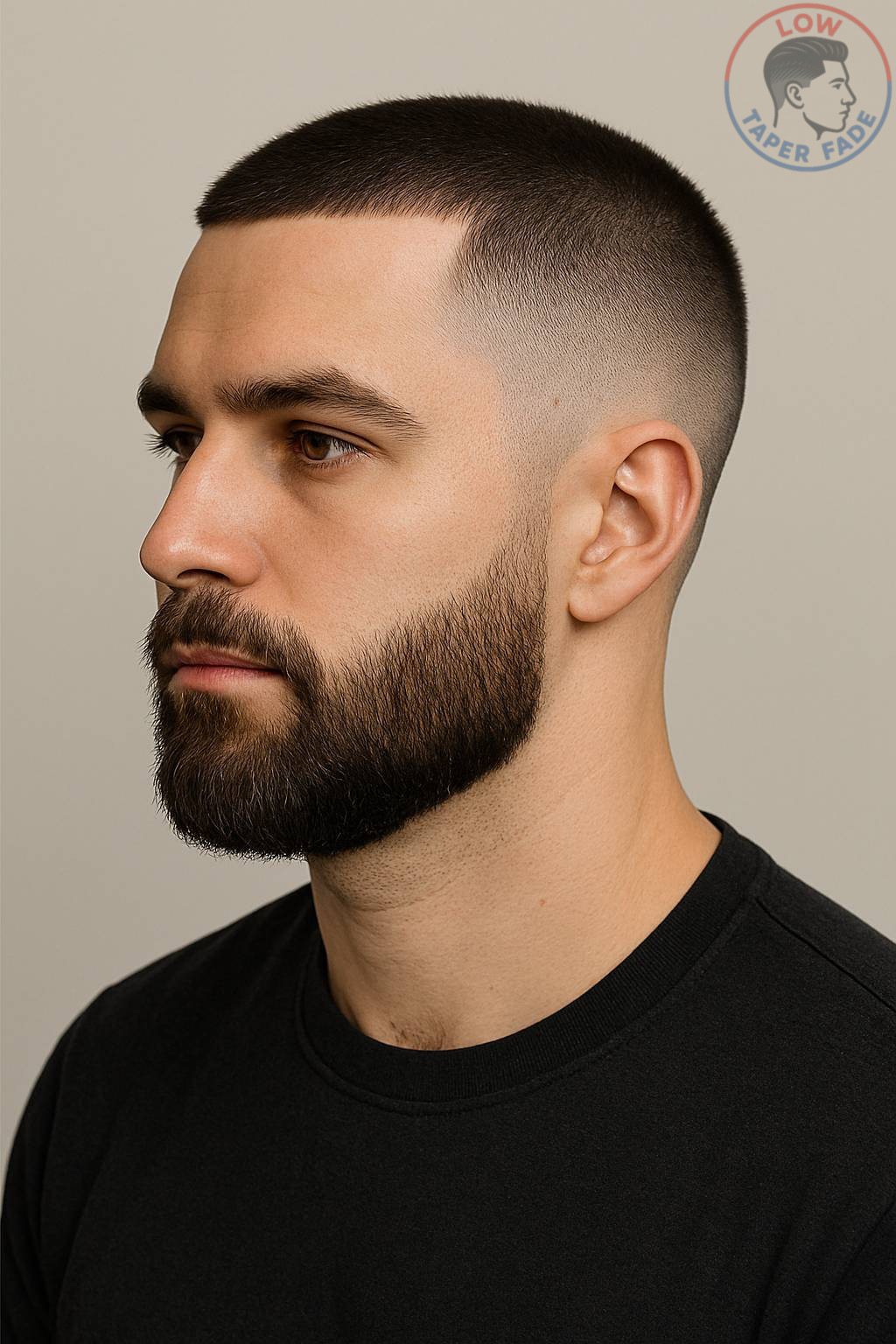 low taper fade buzz cut with beard
