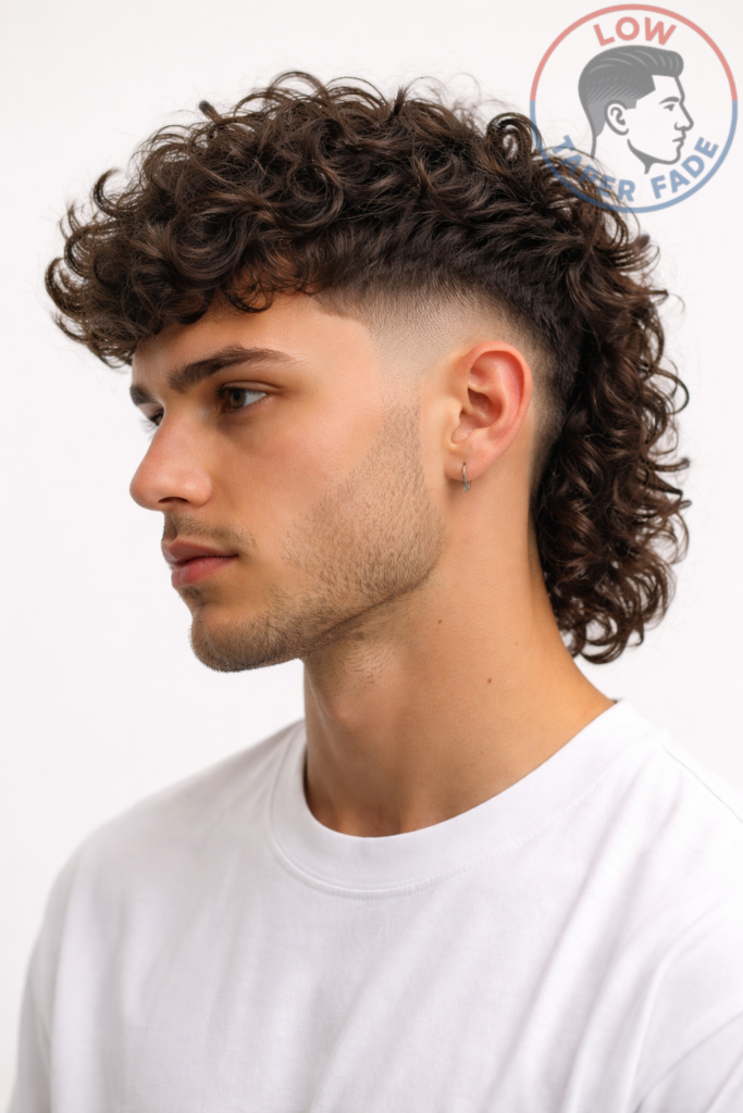 Low Taper Fade Curly Hair Mullet